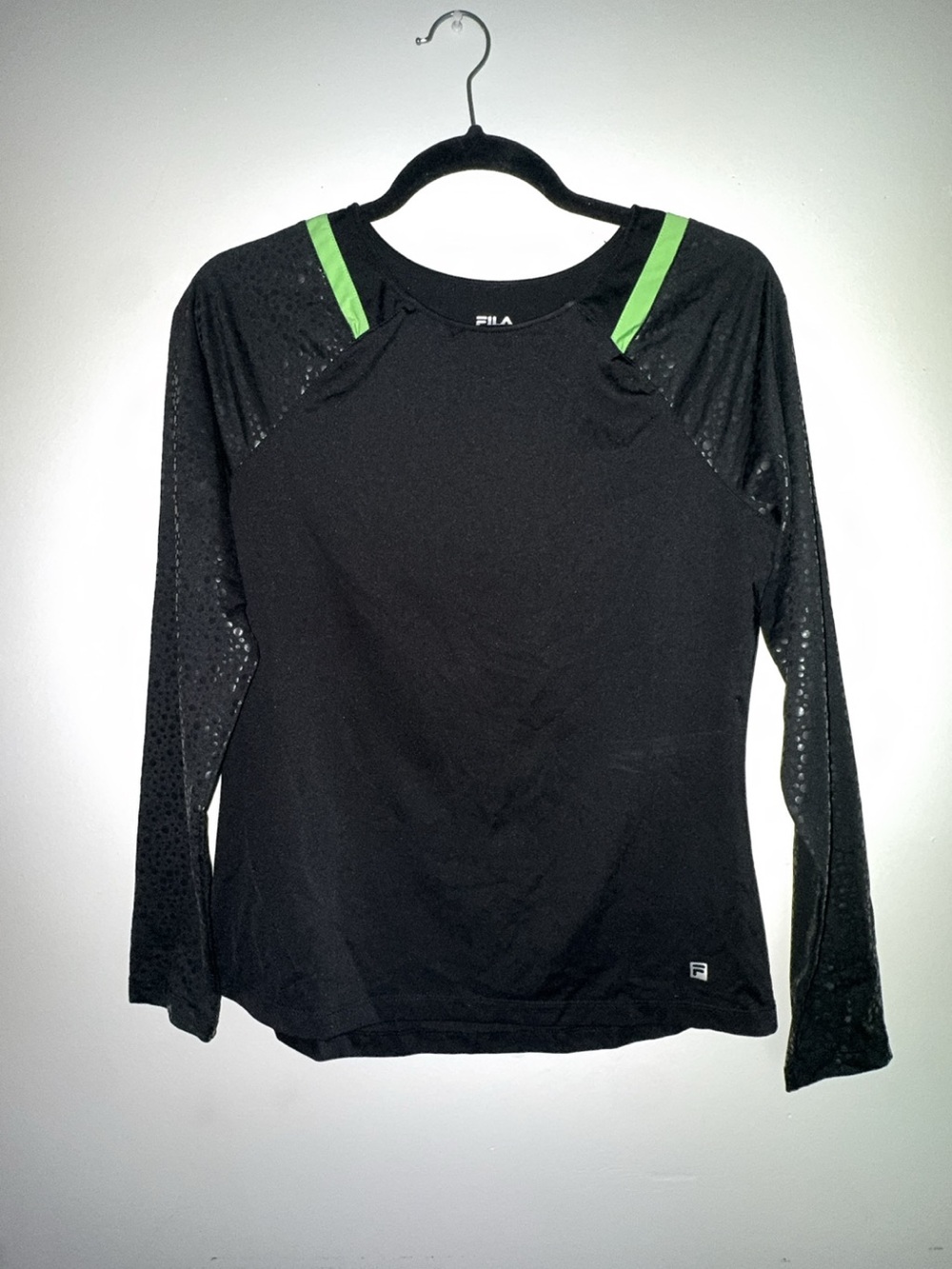 FILA Black Long-Sleeve Mesh Athletic Top with Lime Green Straps